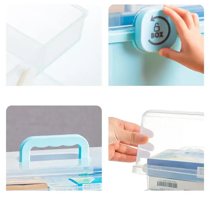 Light blue plastic multifunctional emergency box with handle and circular latch labeled 6 box for bathroom medicine organizer