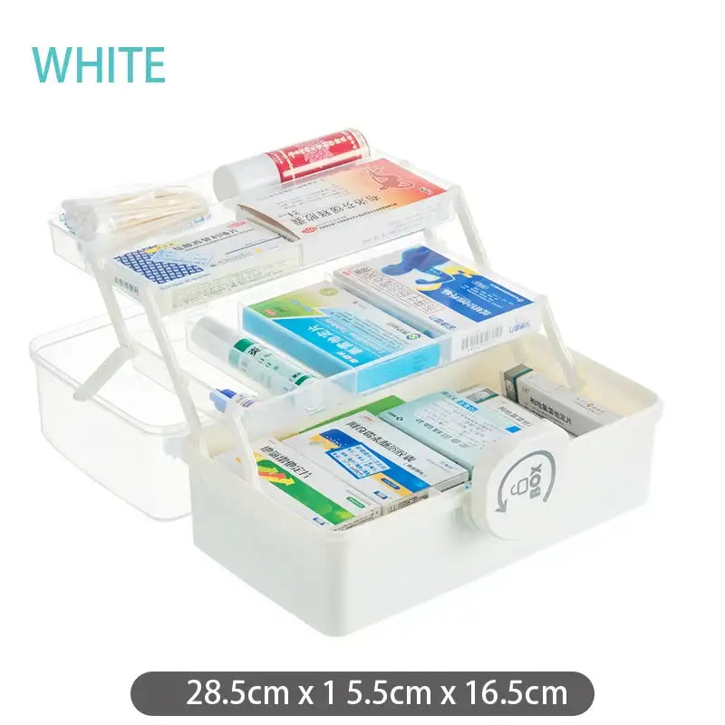 White plastic multi-tiered multifunctional emergency box with clear compartments and handle for decorbites household aid kit