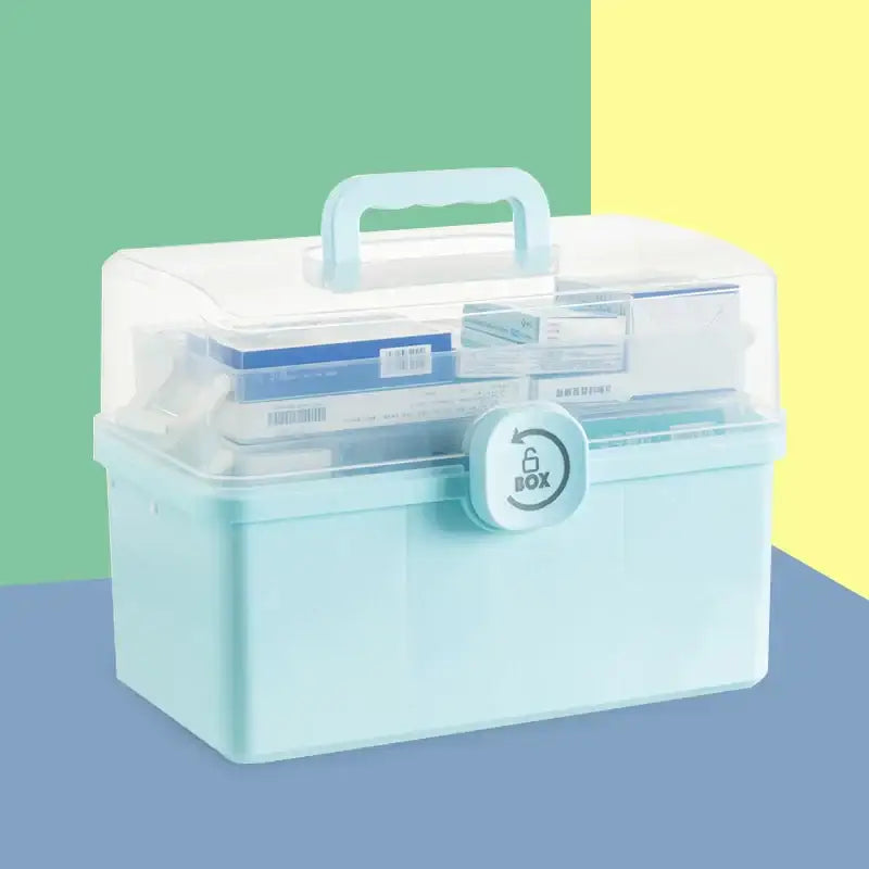 Light blue plastic multifunctional emergency box with transparent lid and compartments for medical supplies aid kit decorbites household