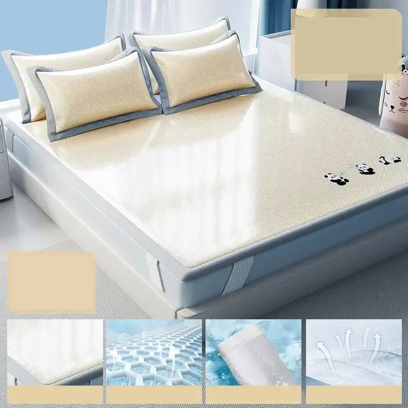 Beige bamboo cooling antibacterial mattress pad with gray trim and panda footprints for light blue panda decorbites cooling mat