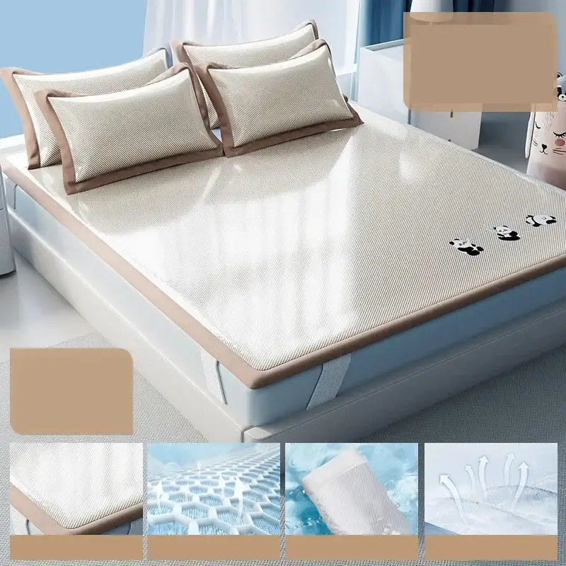 Beige mesh decorbites cooling antibacterial mattress with brown trim and panda embroidery for bedroom use