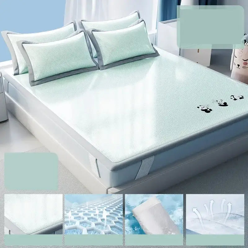 Light blue decorbites cooling antibacterial mattress pad with gray trim and panda footprints for bedroom use