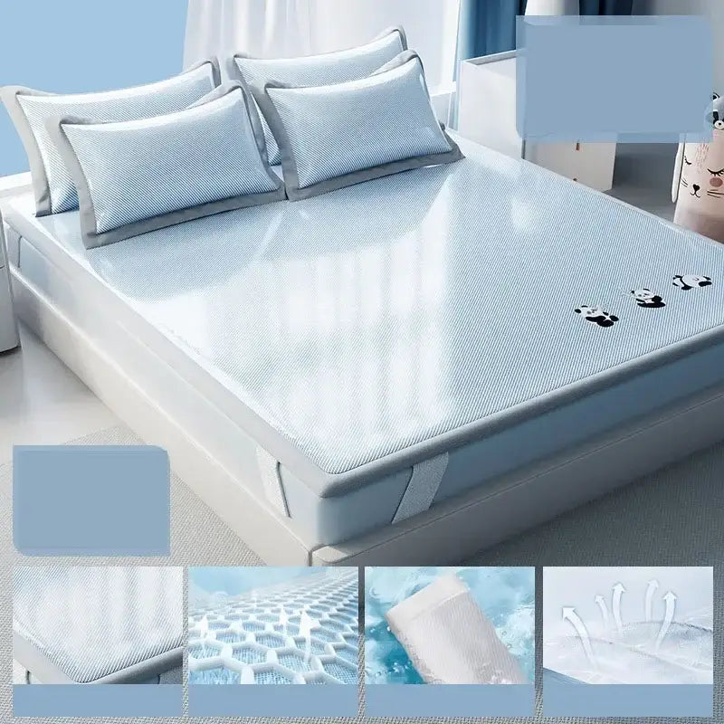 Light blue decorbites cooling antibacterial mattress pad with textured surface and subtle panda designs for bedroom use