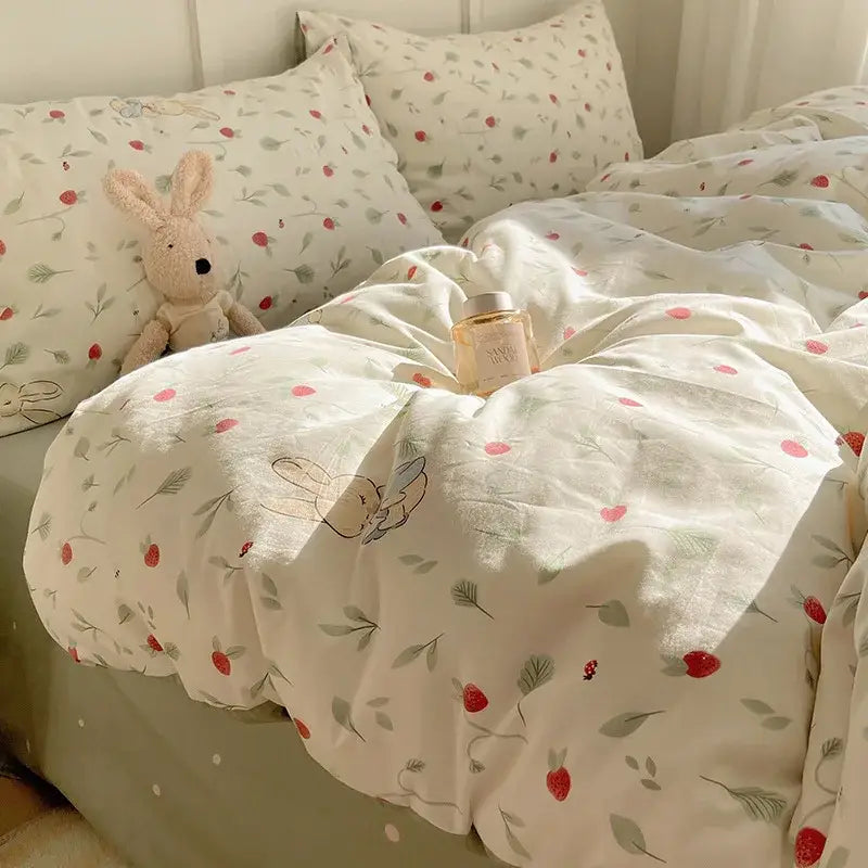 Cream-colored bedding set with delicate strawberry leaf pattern in soft cotton fabric for decorbites cartoon pattern use