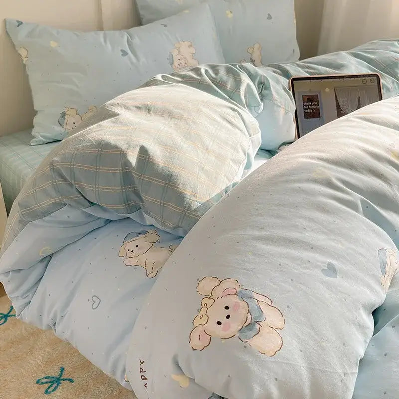 Light blue cotton bedding set featuring quilted comforter with cute poodles and subtle heart decorbites cartoon pattern