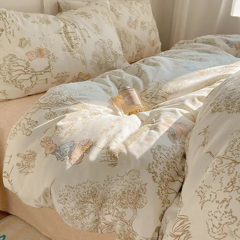 Cream-colored cotton duvet cover with delicate beige and pastel peter rabbit woodland illustrations in decorbites cartoon pattern bedding set