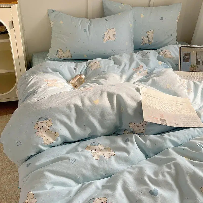 Light blue cotton bedding set with plush texture featuring decorbites cartoon pattern of puppies and hearts