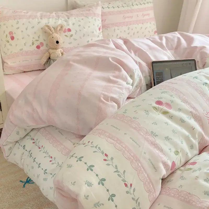 Pink and white floral-patterned bedding set with delicate lace trim for bedroom cotton sheets with decorbites cartoon pattern