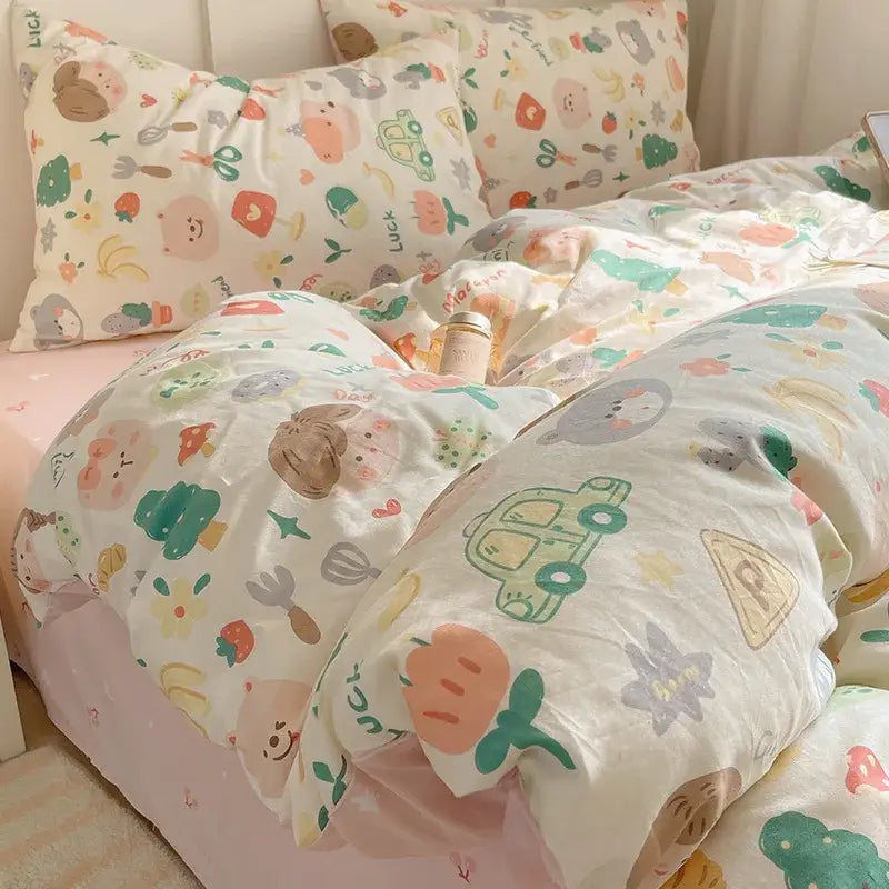 Light blue puppy cartoon pattern bedding set with pastel animal vegetable and vehicle illustrations on cotton sheets