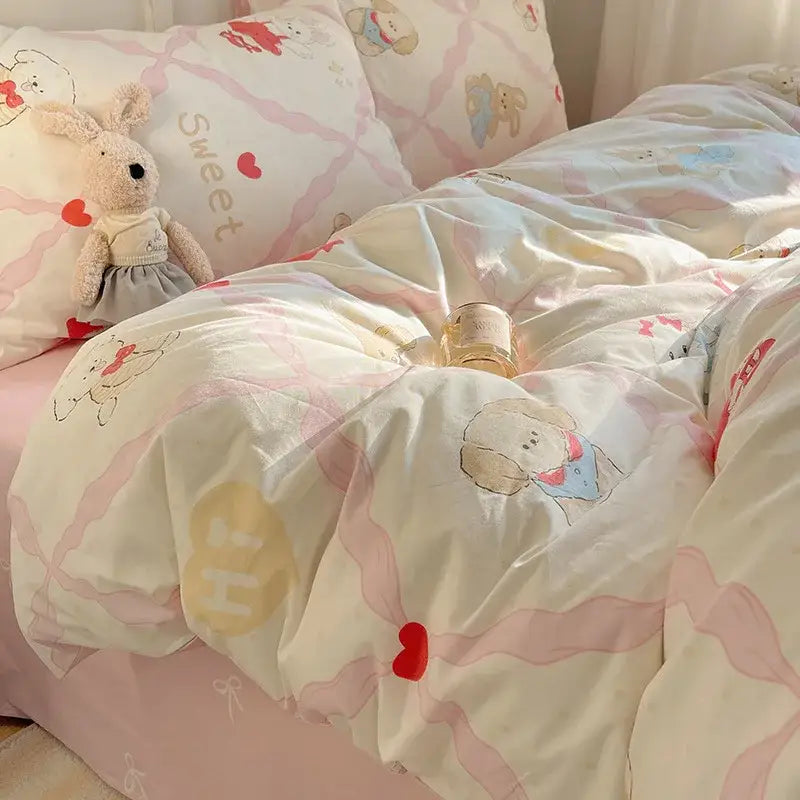 Pastel pink cream bedding set with decorbites cartoon pattern puppy design in soft cotton plush fabric for bedroom decor