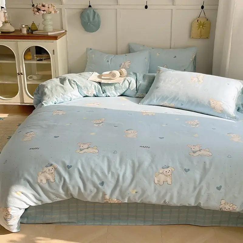 Light blue cotton bedding set with soft white dog and heart decorbites cartoon pattern for bedroom use
