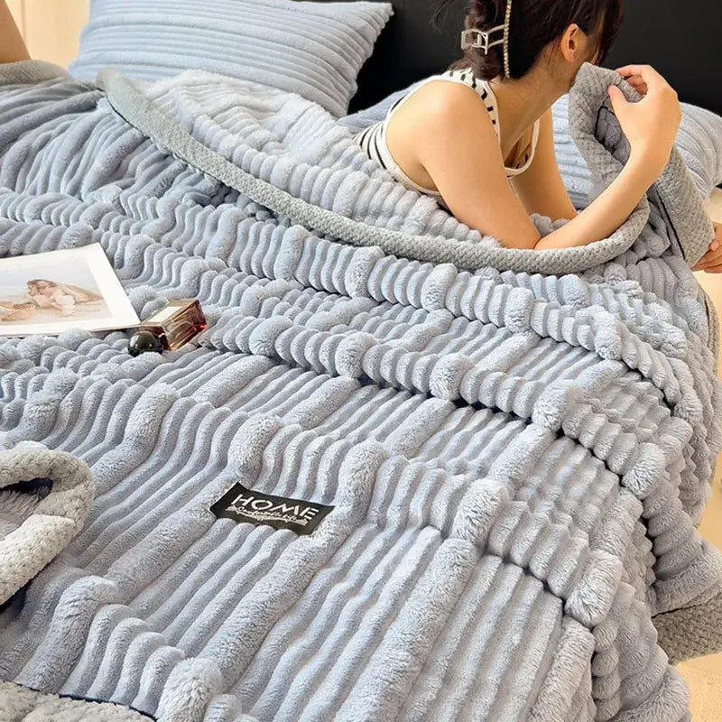 Light blue ribbed cozy faux rabbit plush blanket with soft fuzzy texture for bedroom decorbites cozy faux use
