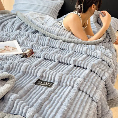 Light blue ribbed cozy faux rabbit plush blanket with soft fuzzy texture for bedroom decorbites cozy faux use