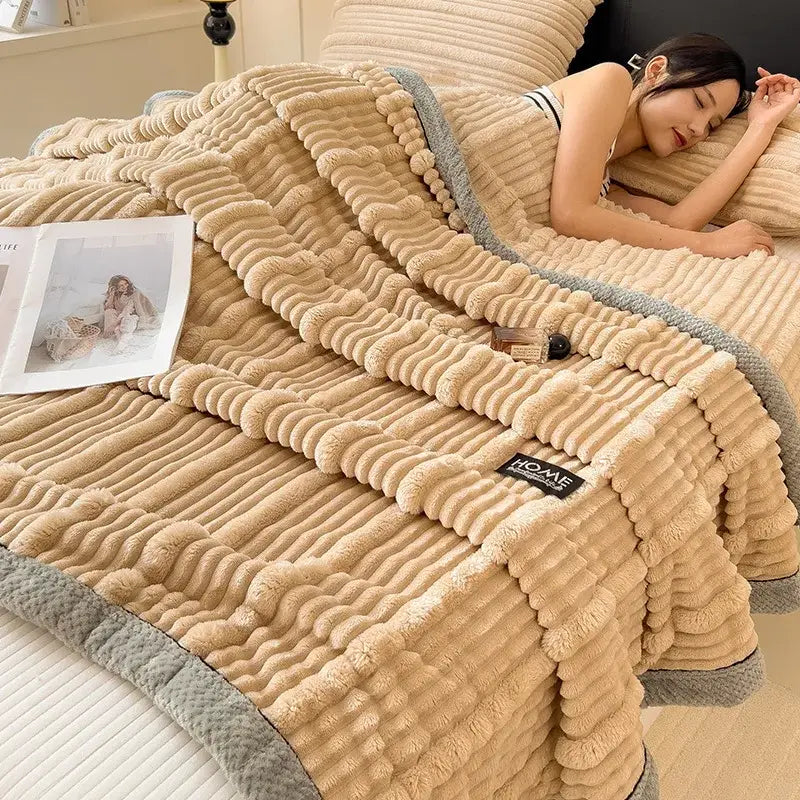 Beige corduroy textured blanket with gray ribbed trim and plush finish from decorbites cozy faux rabbit plush collection