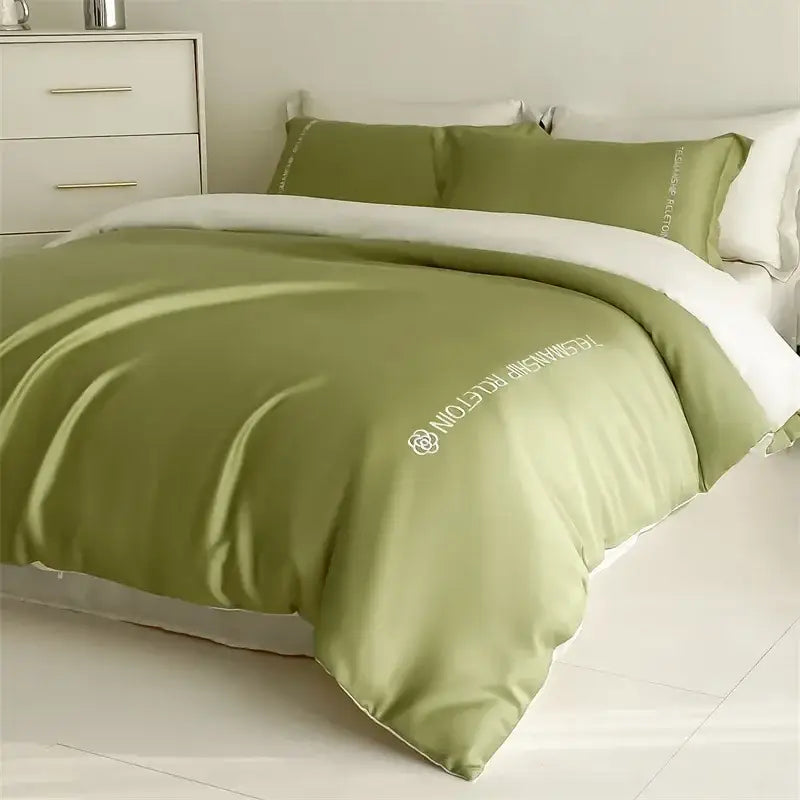 Satin green duvet cover set with white trim and decorbites cotton embroidery bedding for bedroom decor