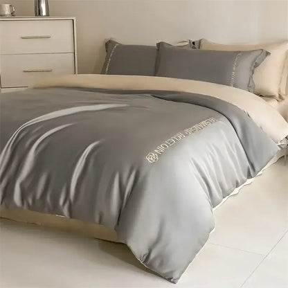 Gray satin duvet cover with cream cotton embroidery bedding set inner lining for decorbites bedding set bedroom use