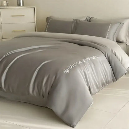 Gray satin duvet cover bedding set with white decorbites cotton embroidery for elegant bedroom decor