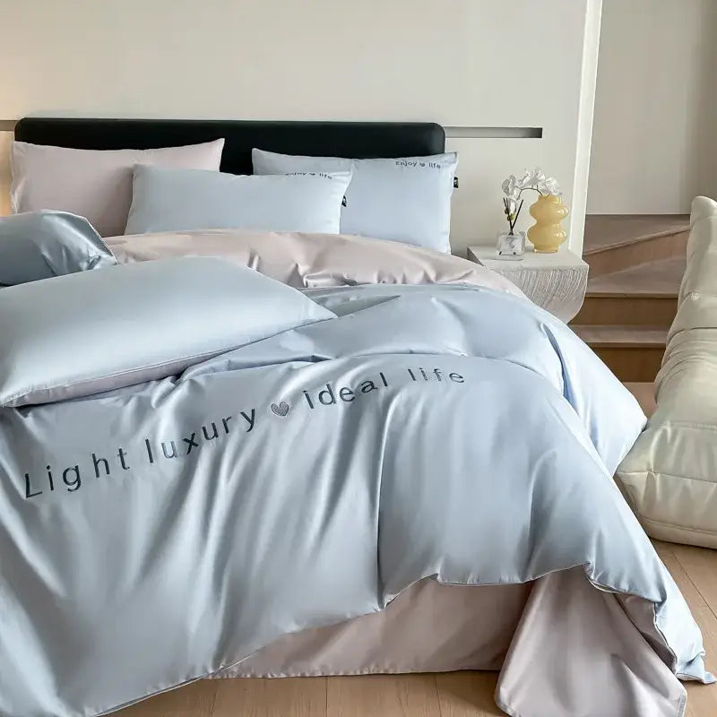 Light blue satin embroidery bedding set with dark gray light luxury heart ideal life on duvet cover decorbites 120s long