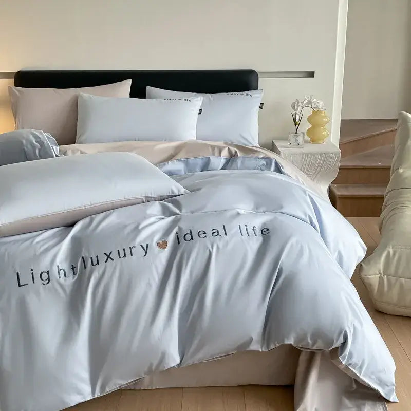 Light blue satin embroidery bedding set with light luxury ideal life text for bedroom decorbites 120s long duvet cover