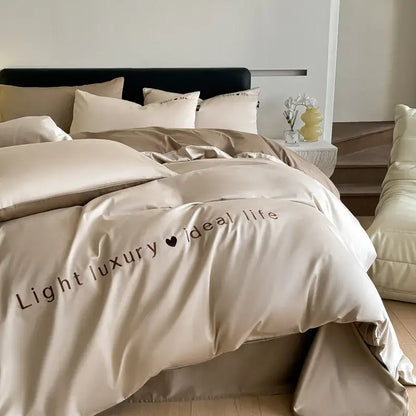 Beige satin duvet cover with light luxury embroidery in dark brown from light blue satin embroidery bedding set decorbites 120s long