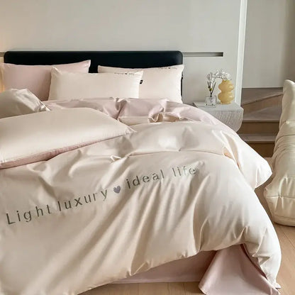 Cream-colored satin duvet cover with light luxury heart ideal life satin embroidery in decorbites bedding set
