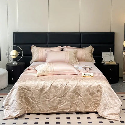 Luxurious blush pink satin ice silk summer quilt with gold leaf embroidery and matching pillowcases by decorbites