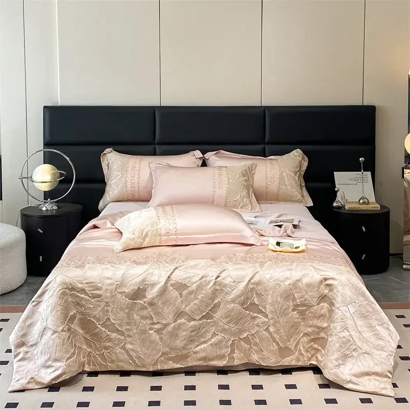 Luxurious blush pink satin ice silk summer quilt with gold leaf embroidery and matching pillowcases by decorbites