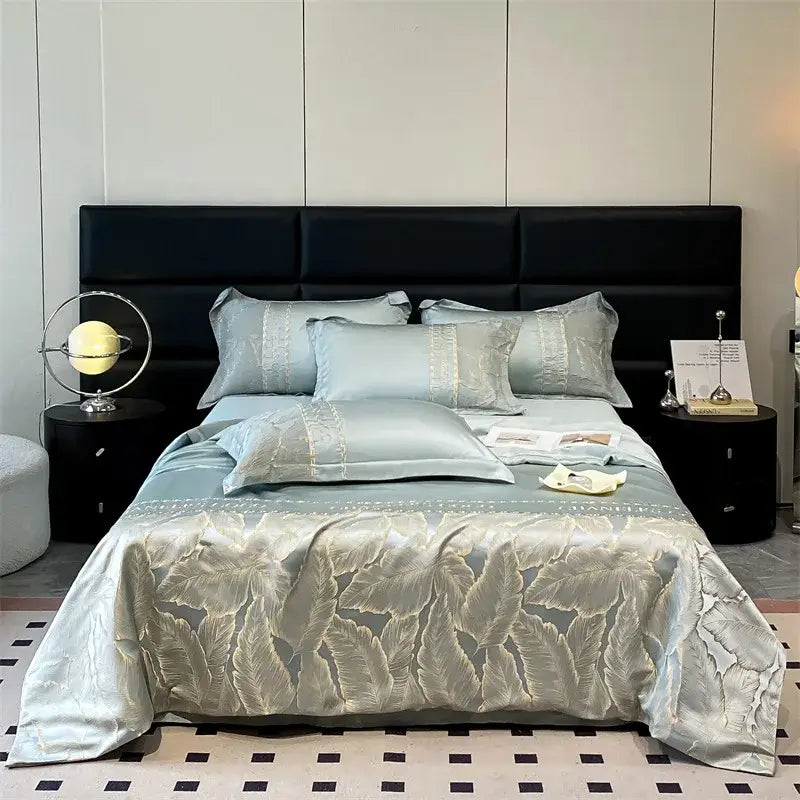 Light blue satin ice silk summer quilt with gold leaf embroidery by decorbites for elegant bedroom decor