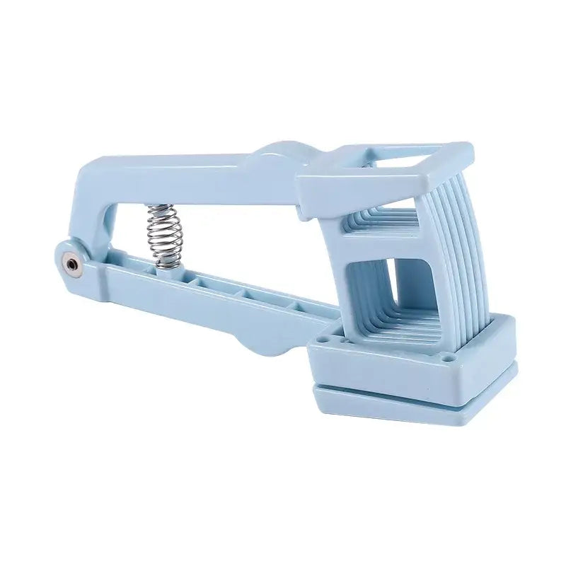 Light blue plastic garlic press slicer with spring loaded adjustable jaws for efficient garlic press chopper use
