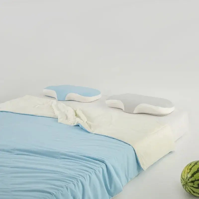 A pair of light blue white and gray white cloud-shaped pillows with soft decorbites cooling fabric covers for summer use