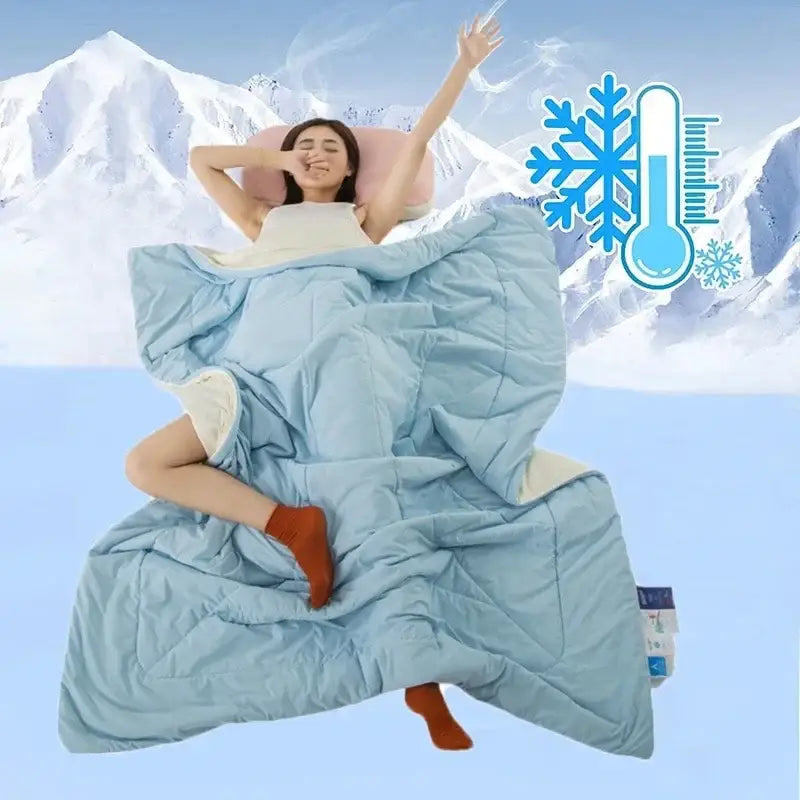 Light blue quilted summer blanket with white inner lining made of decorbites cooling fabric for bedroom comfort