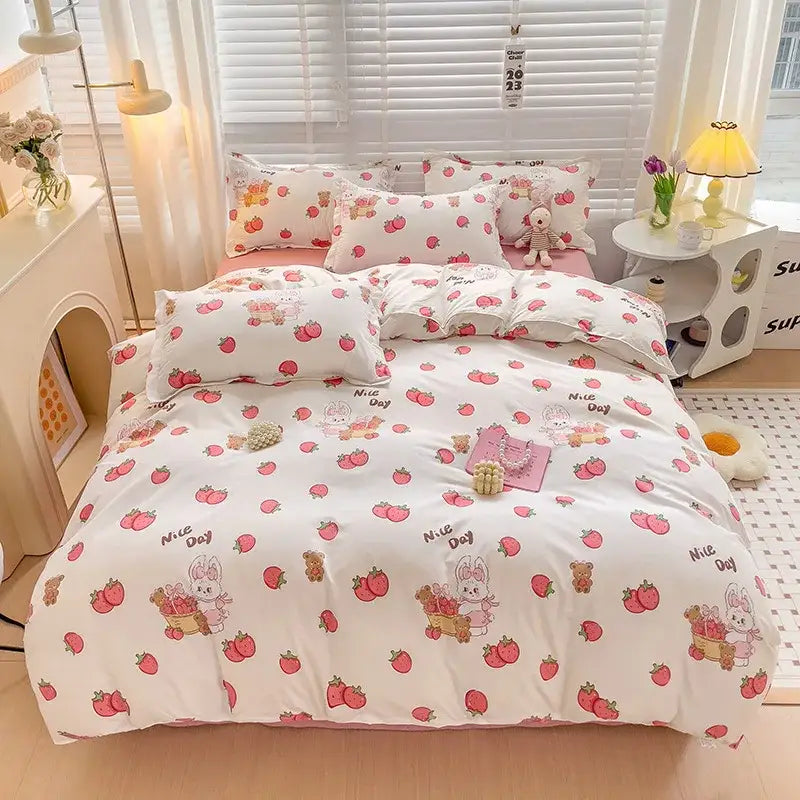 Light blue and white heart print bedding set with white strawberry and bunny theme and pink solid color accents