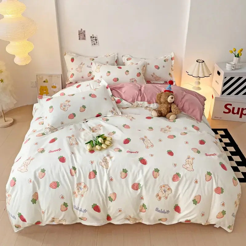 Light blue and white heart print bedding set with white strawberry and bunny patterns in soft cotton fabric
