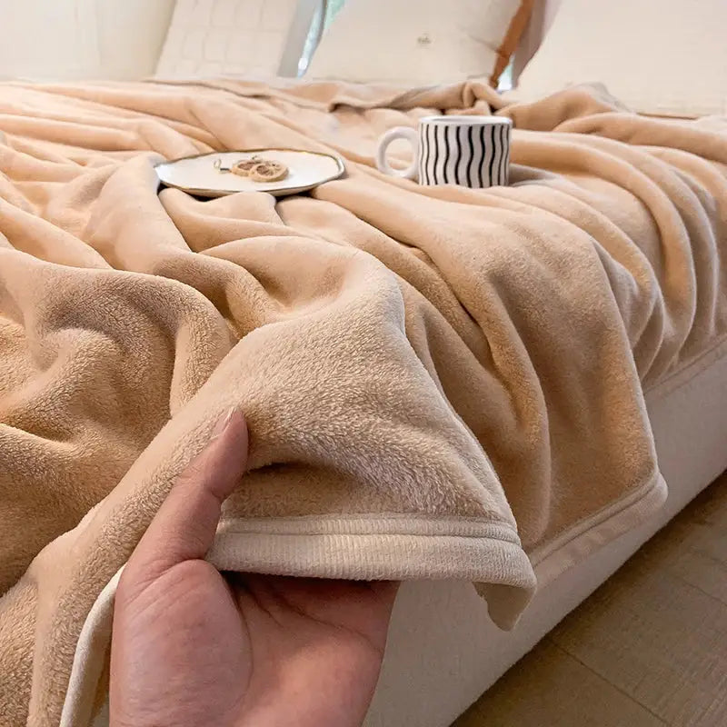 A plush beige fleece summer blanket with ribbed edge trim from decorbites coral velvet summer collection for bedroom use