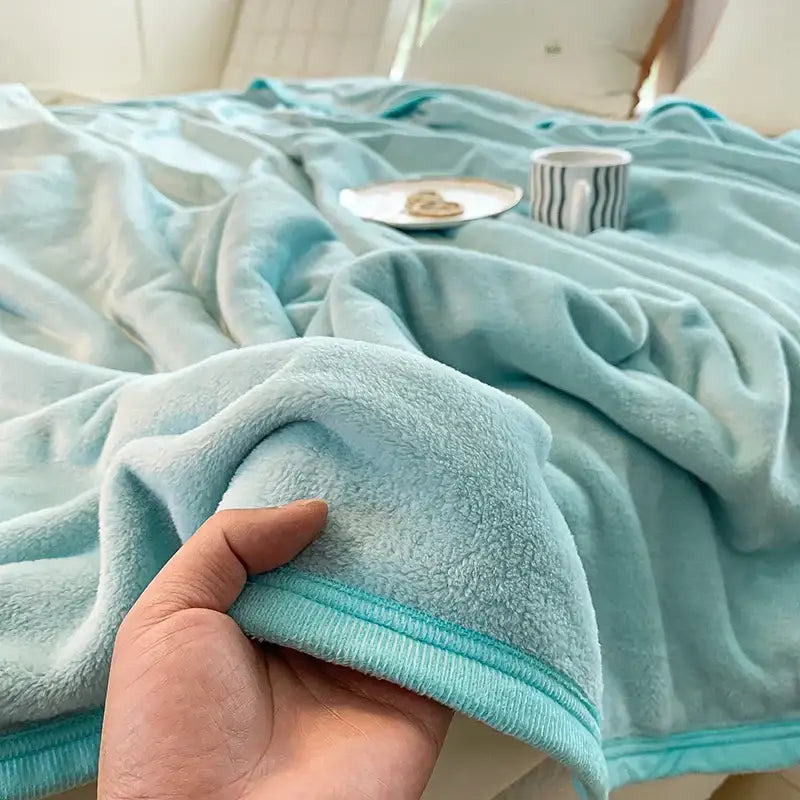 Light blue plush fleece summer blanket with soft textured surface and matching ribbed trim for decorbites coral velvet summer use