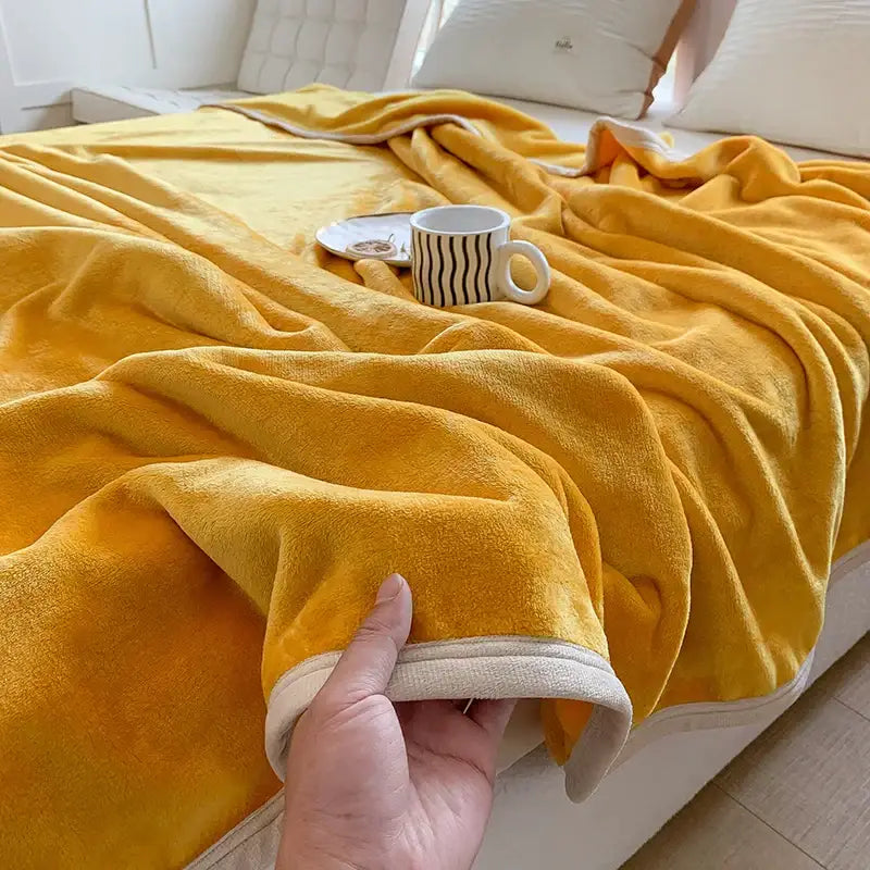 A plush golden-yellow fleece summer blanket with cream binding complementing decorbites coral velvet summer throw