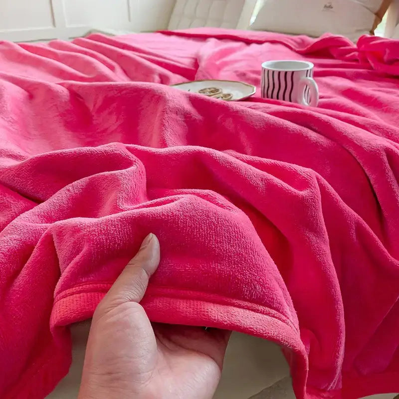 A plush vibrant pink coral velvet summer blanket with soft textured surface and neatly finished edges by decorbites
