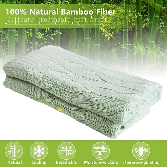 Light green bamboo knitted cooling blanket with ribbed texture made from soft bamboo fiber for bedroom decorbites use