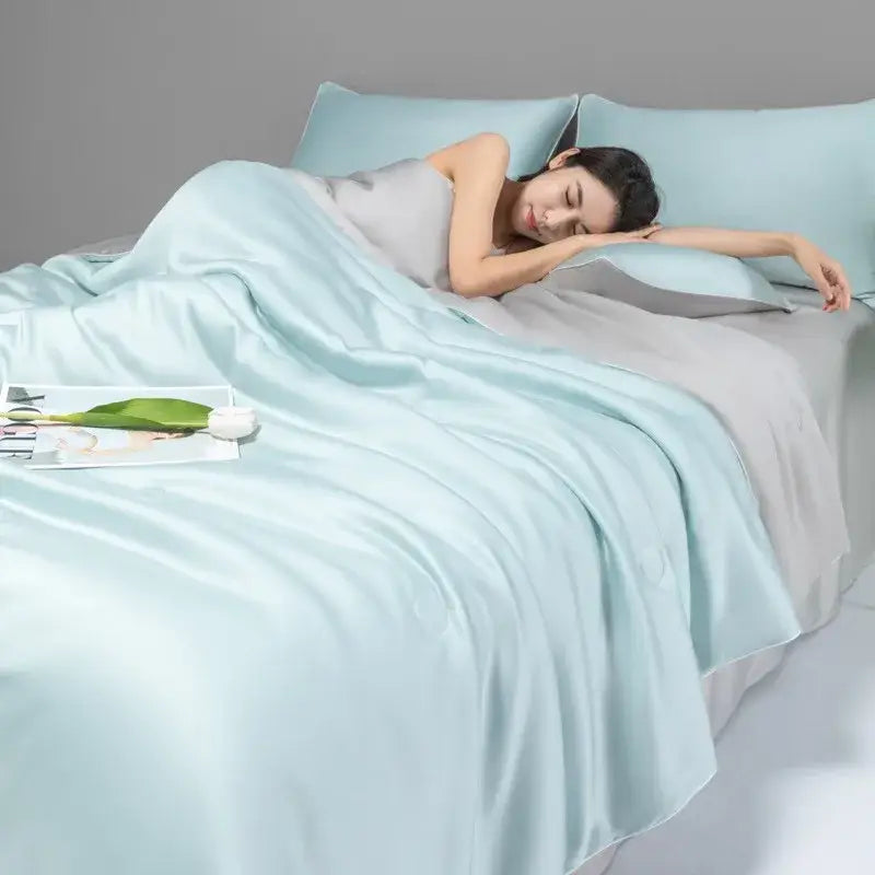 Light blue satin duvet cover set with matching pillowcases from decorbites cool ice silk quilt set bedding
