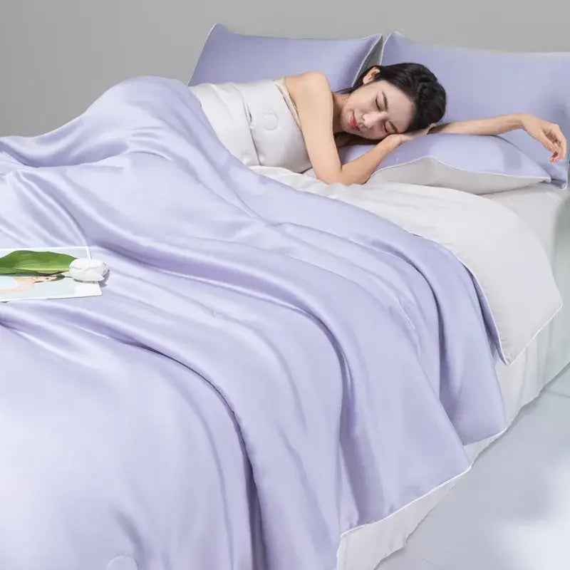 Lavender satin duvet cover set with white lining and pillowcases in decorbites cool ice silk quilt set for bedroom bedding