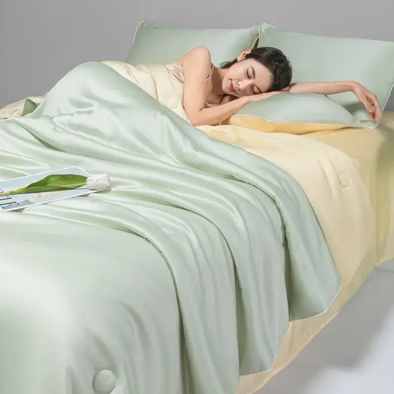 Light green and cream decorbites cool ice silk quilt set with a soft satin texture for luxurious bedroom bedding