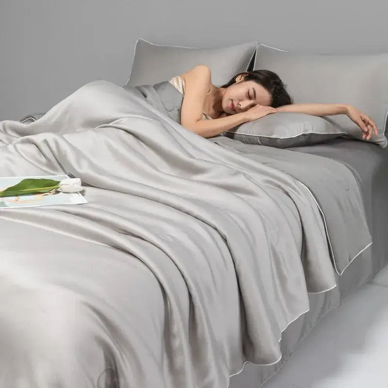 A soft light gray satin duvet cover set with white piping for decorbites cool ice silk quilt set bedding