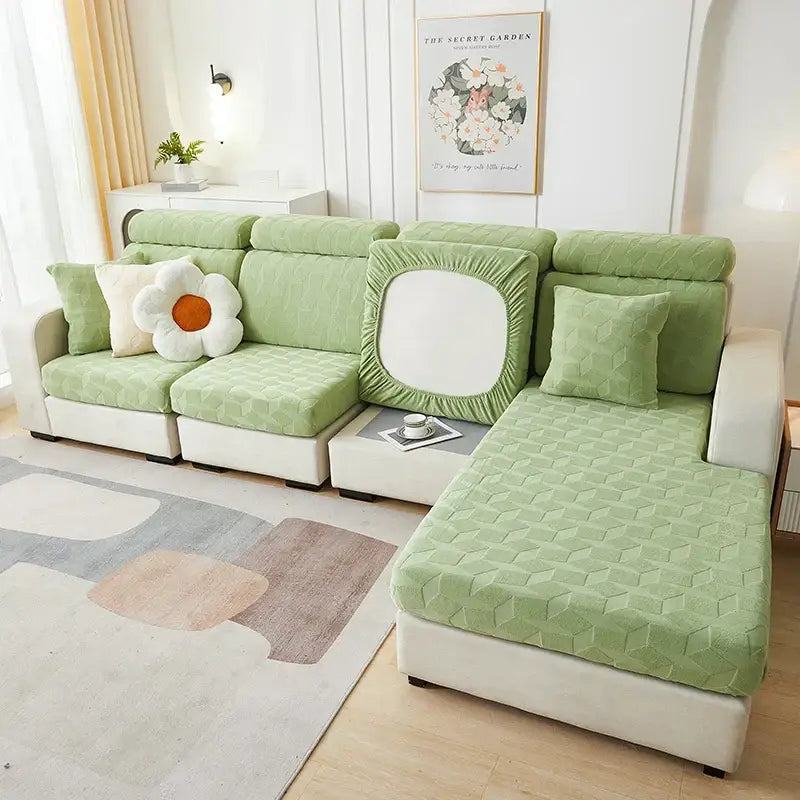 Light green hexagonal quilted jacquard sofa seat cover with elasticized edges for decorbites jacquard sofa