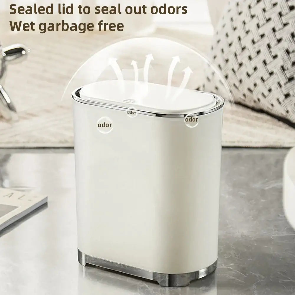 Cream cylindrical trash can with silver lid and base featuring sensor waste bin for light luxury bathroom decorbites luxury bathroom trash
