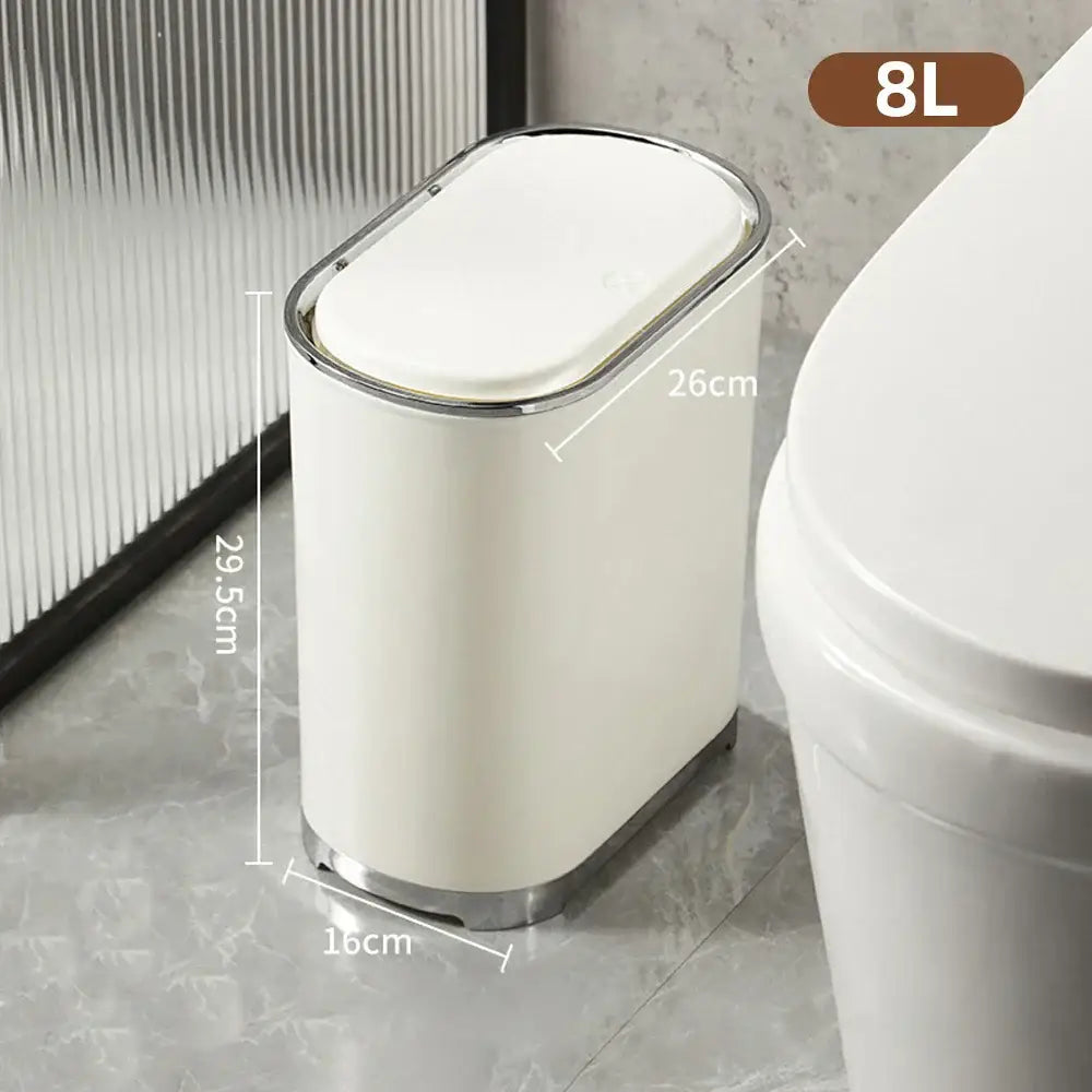 Cream-colored oval sensor trash can with silver metallic rim 8l capacity luxury bathroom trash by decorbites light luxury