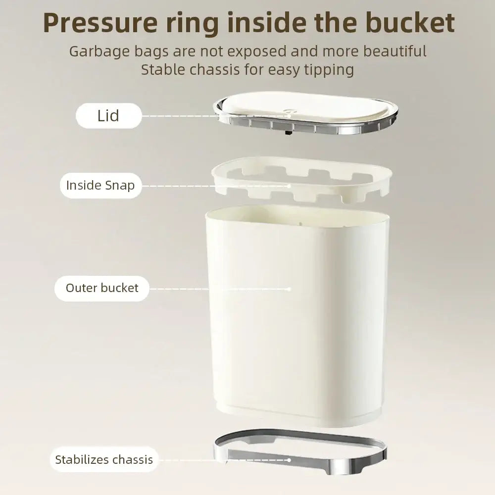Light luxury bathroom trash can cream sensor waste bin with white cylindrical body silver lid and stabilizing chassis decorbites light luxury