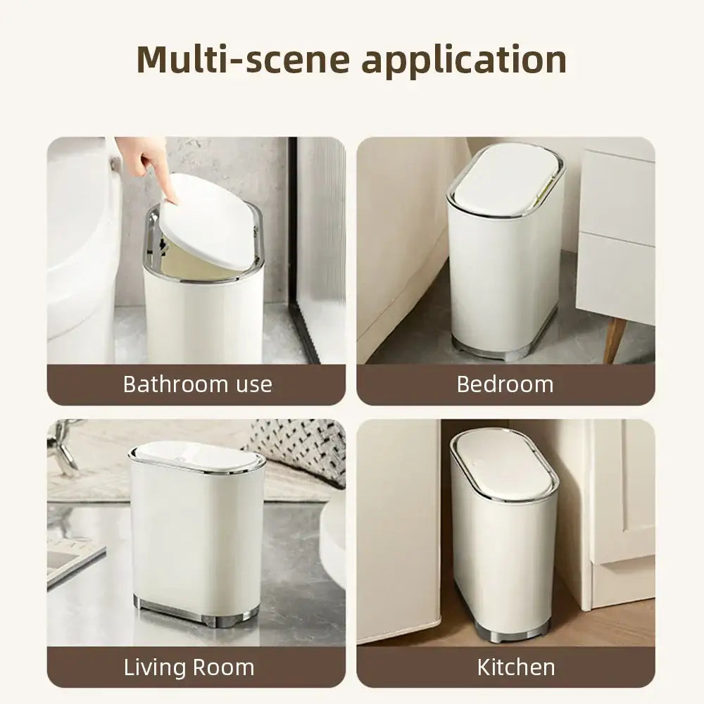 White cylindrical luxury bathroom trash can with silver metallic rim and lid for decorbites light luxury bathroom use