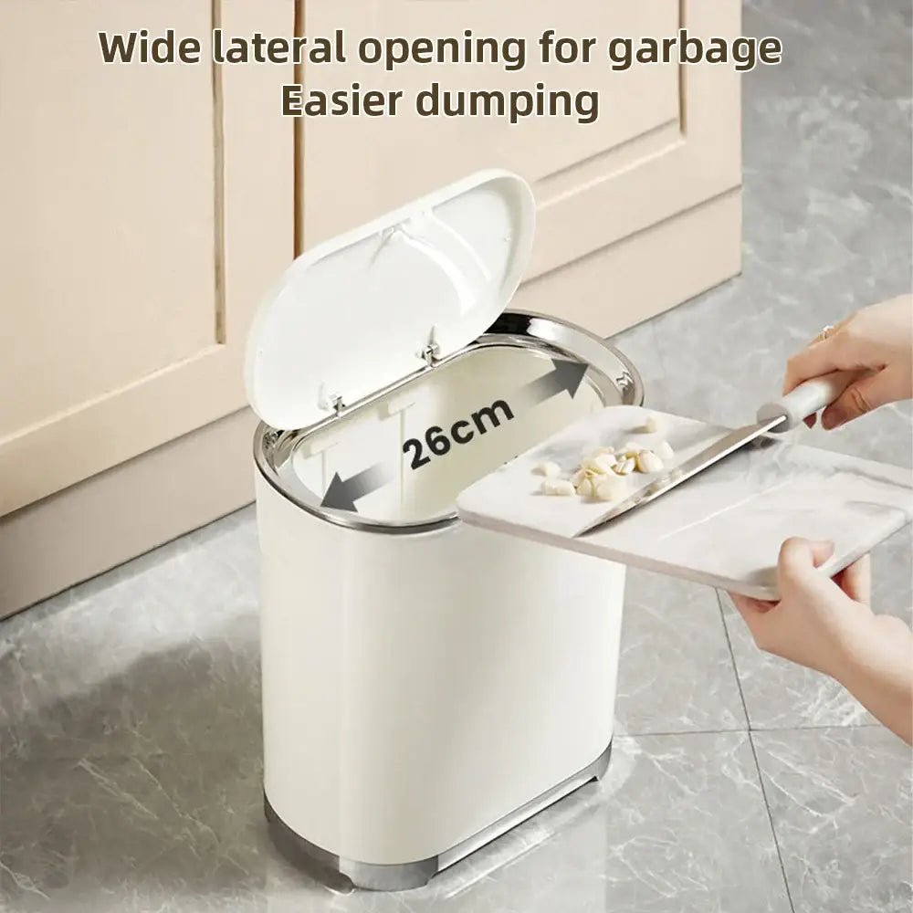 White cylindrical light luxury bathroom trash can with stainless steel rim and wide lateral opening for easy dumping
