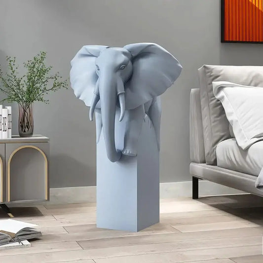 Light luxury light blue elephant head sculpture on matching pedestal base for elegant living room decorbites elephant ornaments