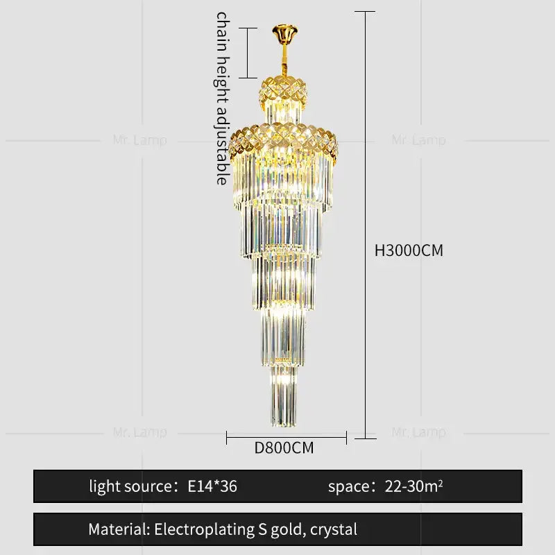 Elegant gold electroplated metal tiered luxury crystal chandelier with clear prisms for decorbites light luxury living room